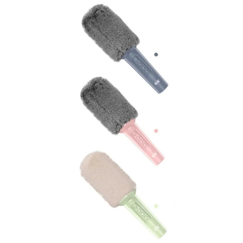 Wireless Bluetooth karaoke microphone in pink, blue, or green colour with USB port.