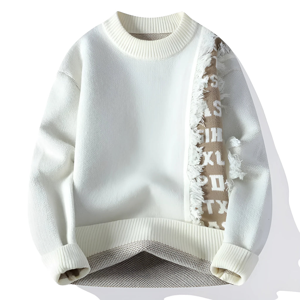 Men's loose long sleeve knitted pullover jumper in ribbed style, shown in a selection of colours.