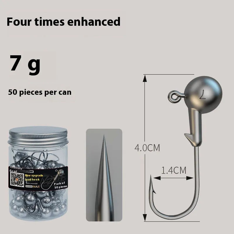 50-piece enhanced strength fishing jig hooks with lead-headed design in primary colours