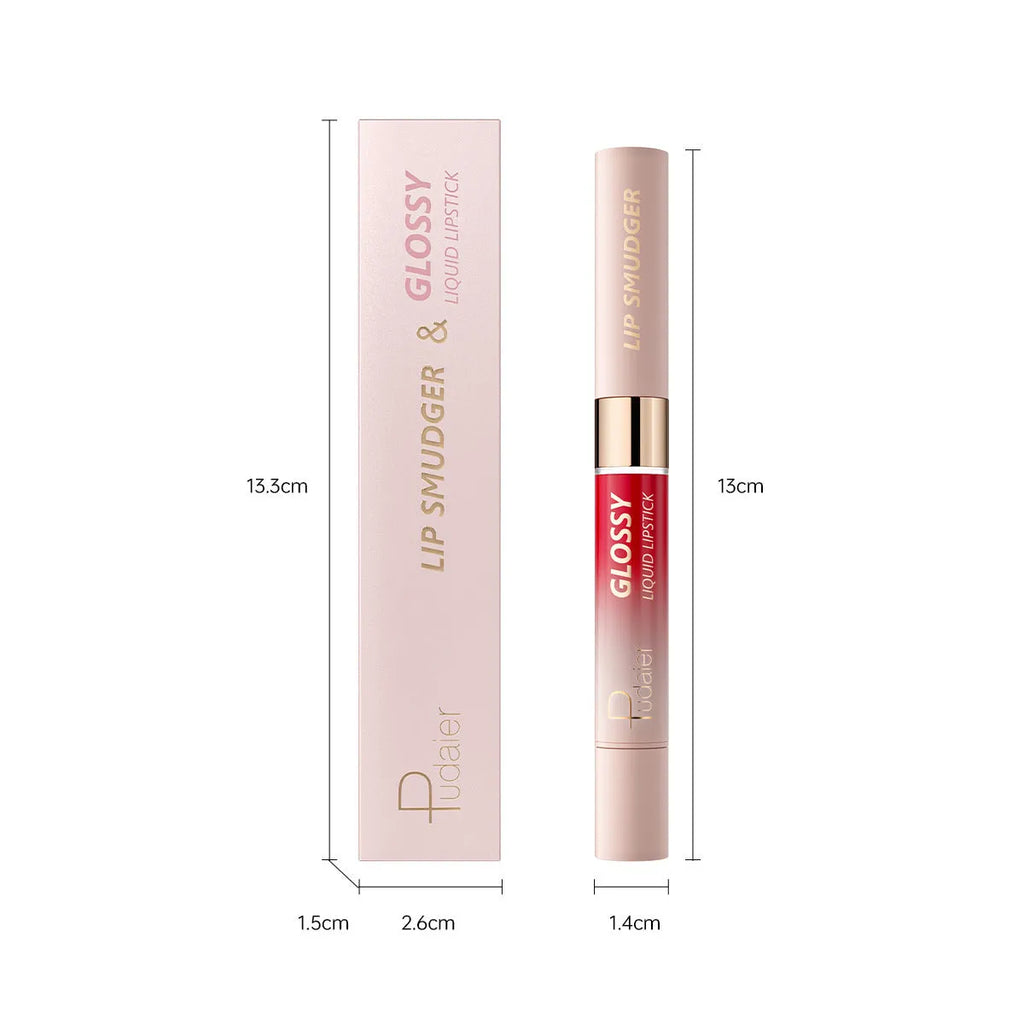 Double-headed lipstick and lip gloss in matte finish showing 10 colour options numbered 01 to 10