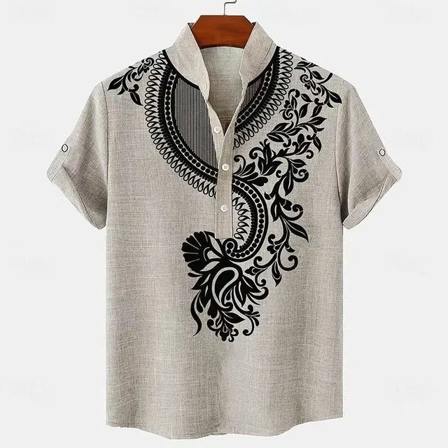 Man wearing a loose-fit striped casual shirt in a linen-look fabric with personalised button details.