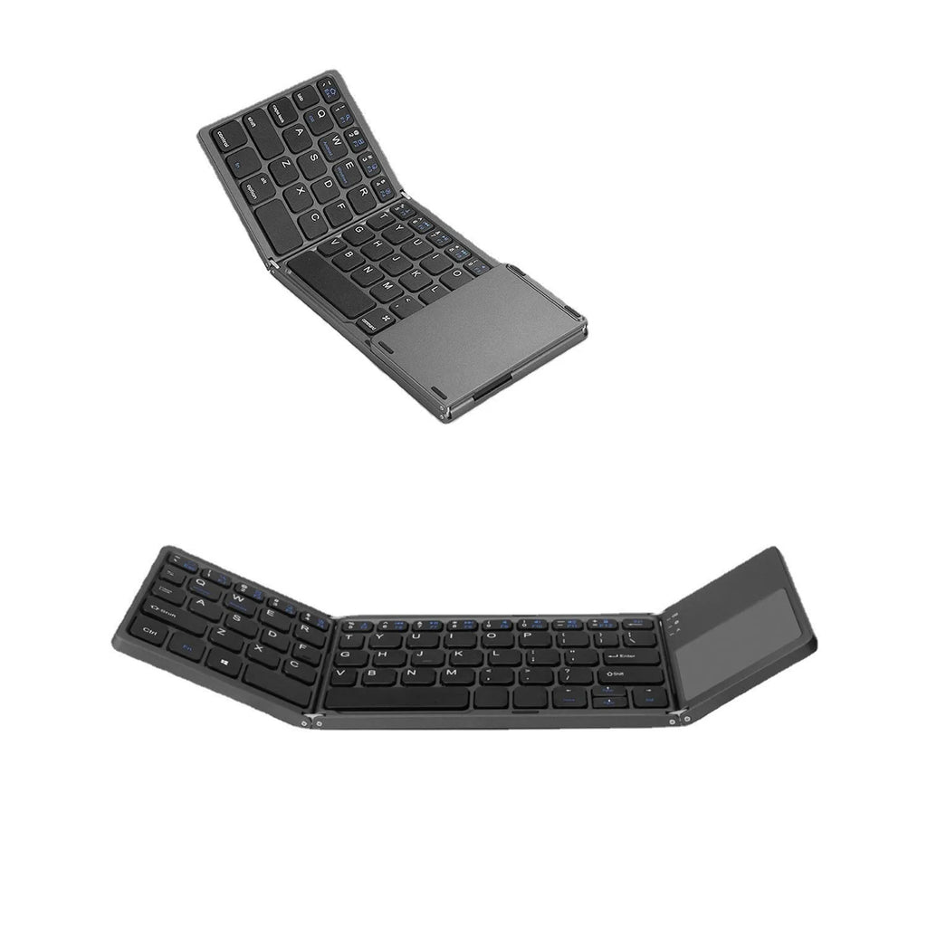 Folded and unfolded views of a black tri-fold portable Bluetooth keyboard on a table.