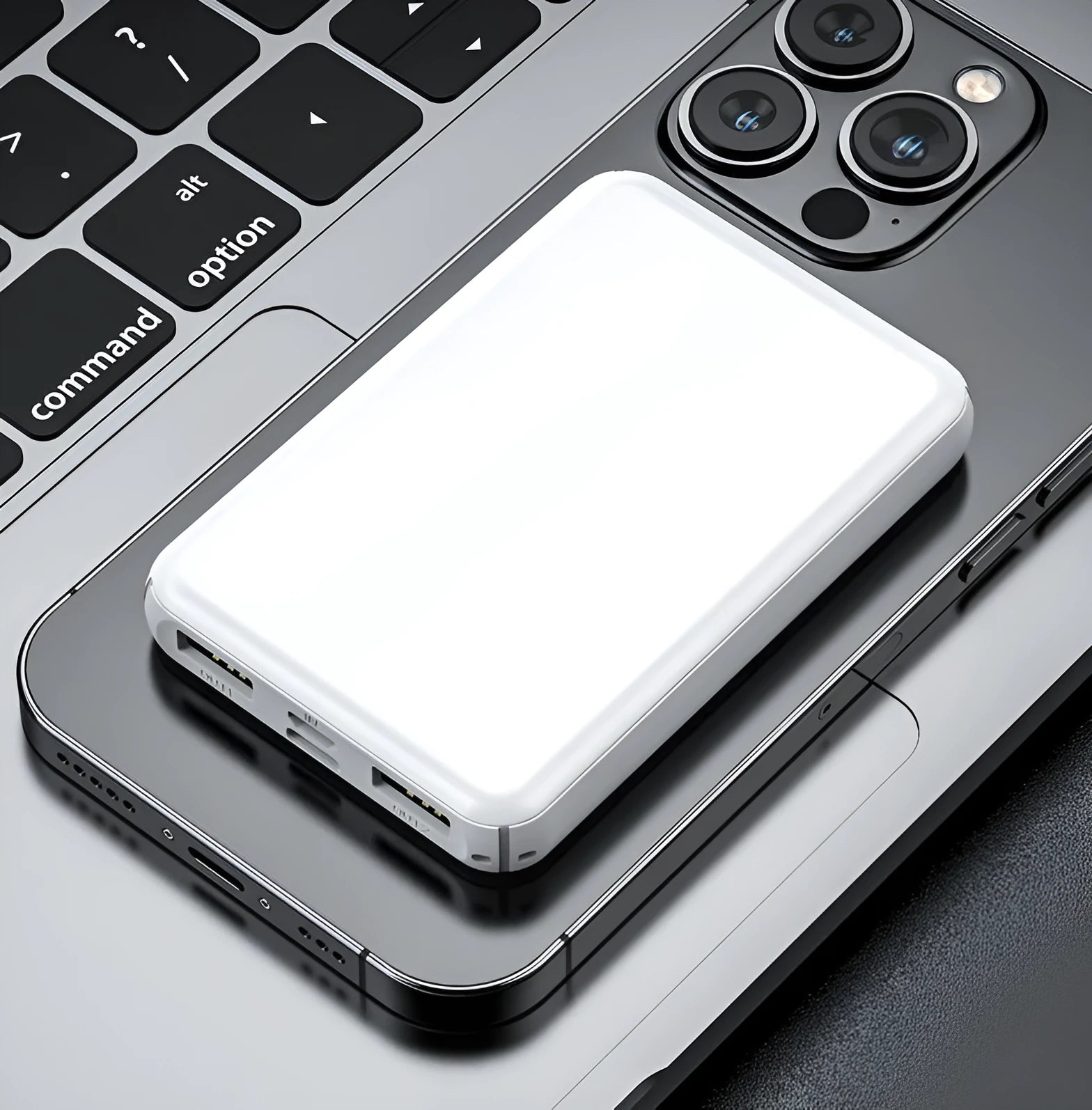 Black rectangular electric heating vest power bank with USB port, shown next to a measuring tape.