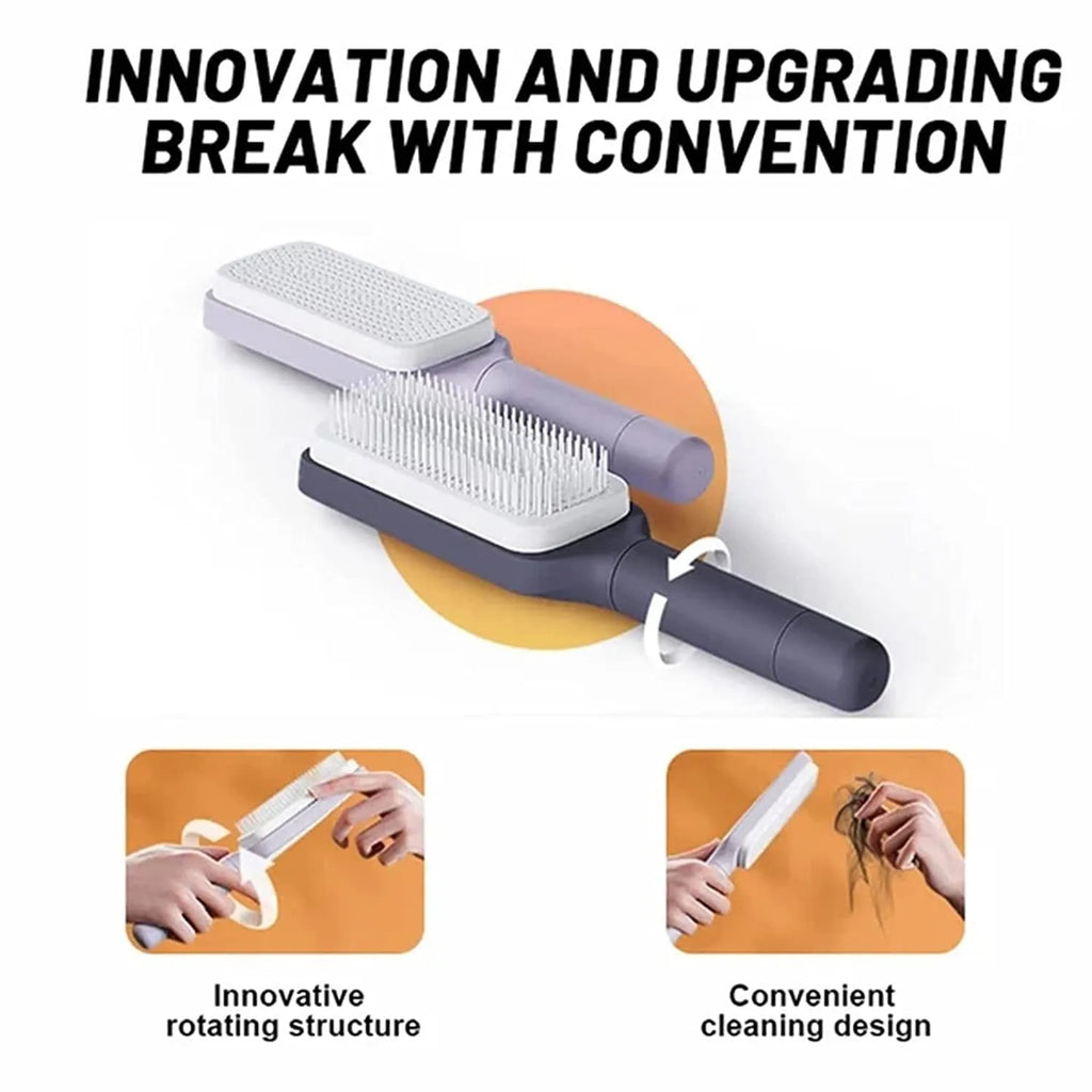Roland purple self-cleaning hair brush with rotating handle and anti-static massage bristles.