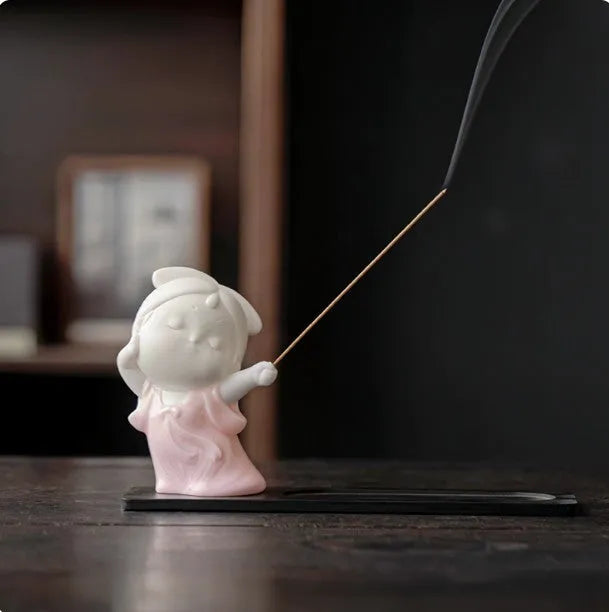Ceramic little female court attendant incense burner decoration in cute style.