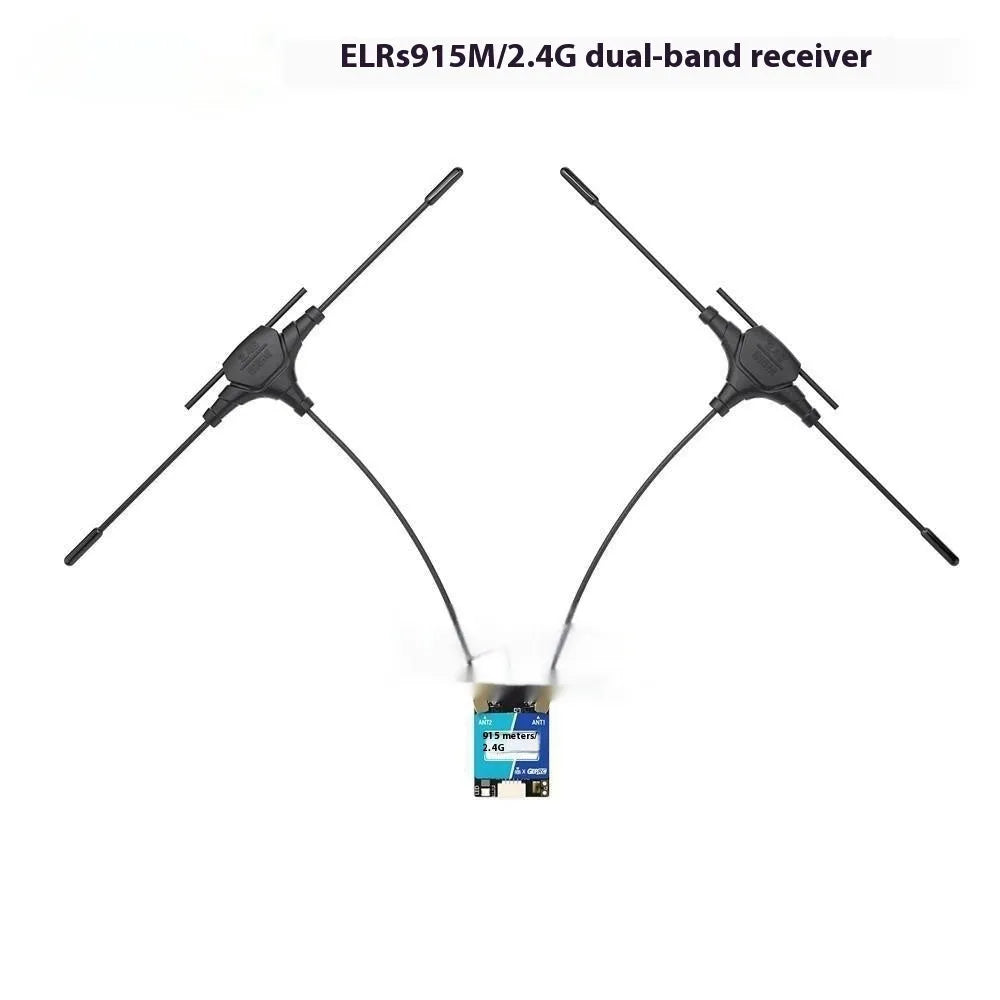 ELRS dual-frequency 915M 2.4G FPV drone receiver with metal case and T-shaped antennae
