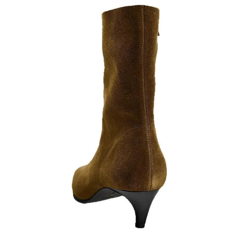 Brown women's square toe ankle boots with a side zip and a mid-height stiletto heel.