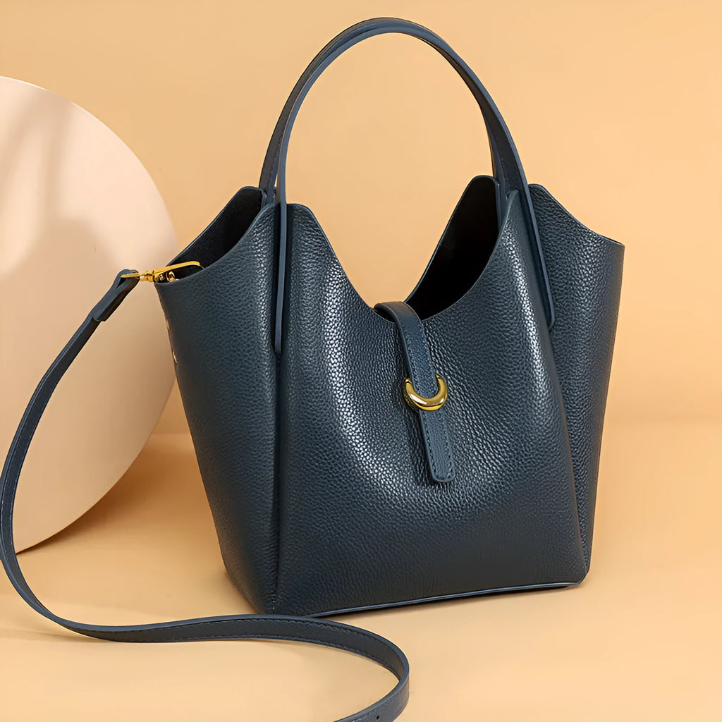 Genuine leather women's bucket handbag with file compartment in retro European style