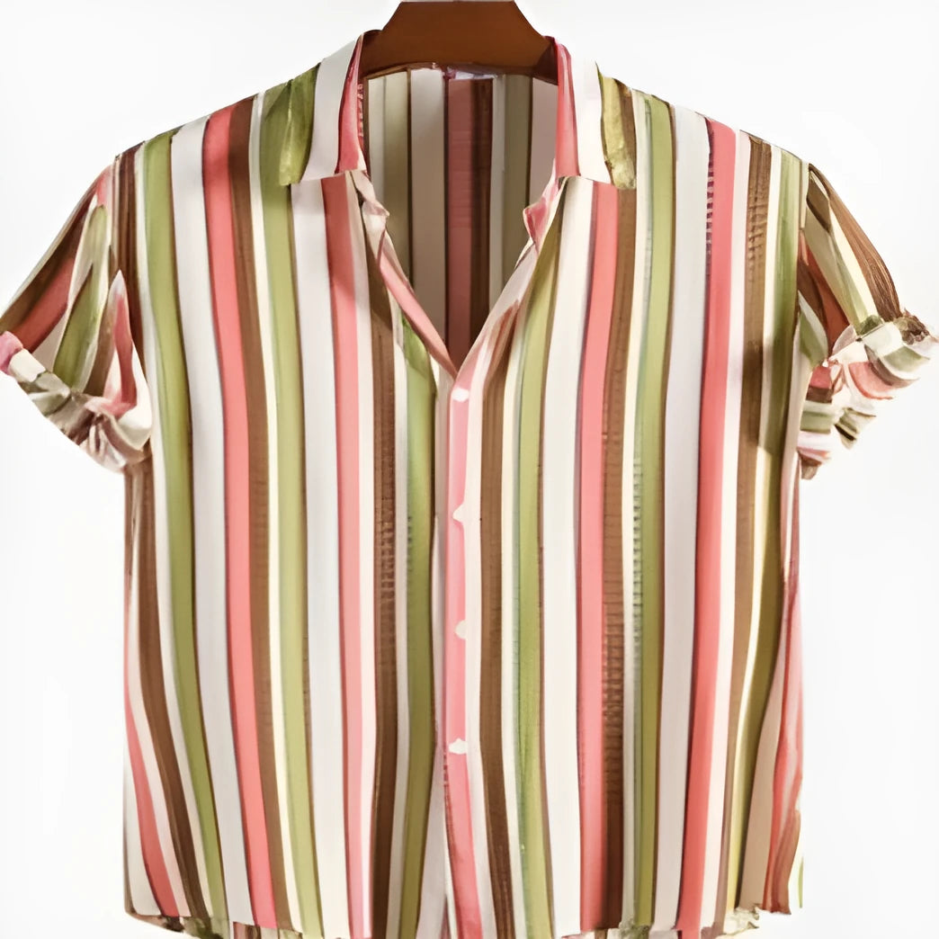 Men's short sleeved digital printed shirt in polyester fabric, shown in a summer colour.