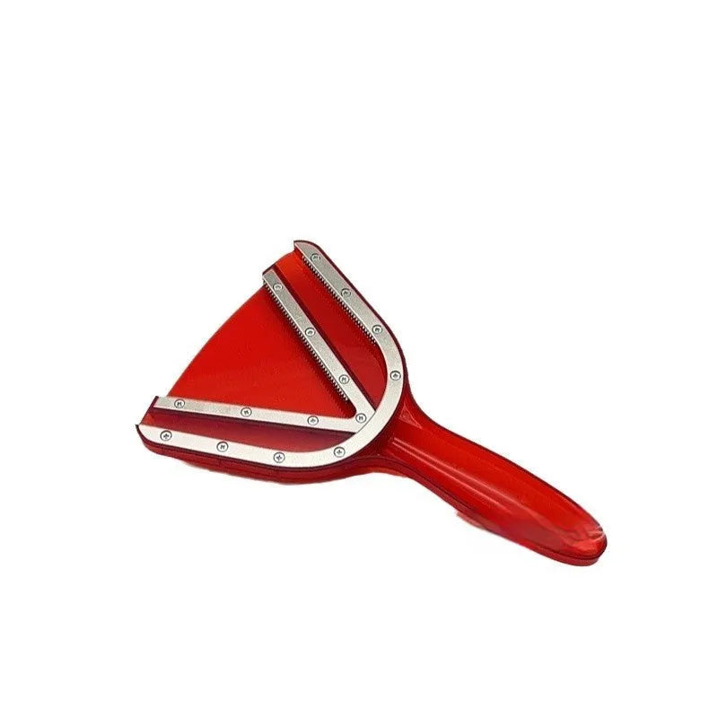 Red plastic can opener with telescopic bottle opener component extended for use