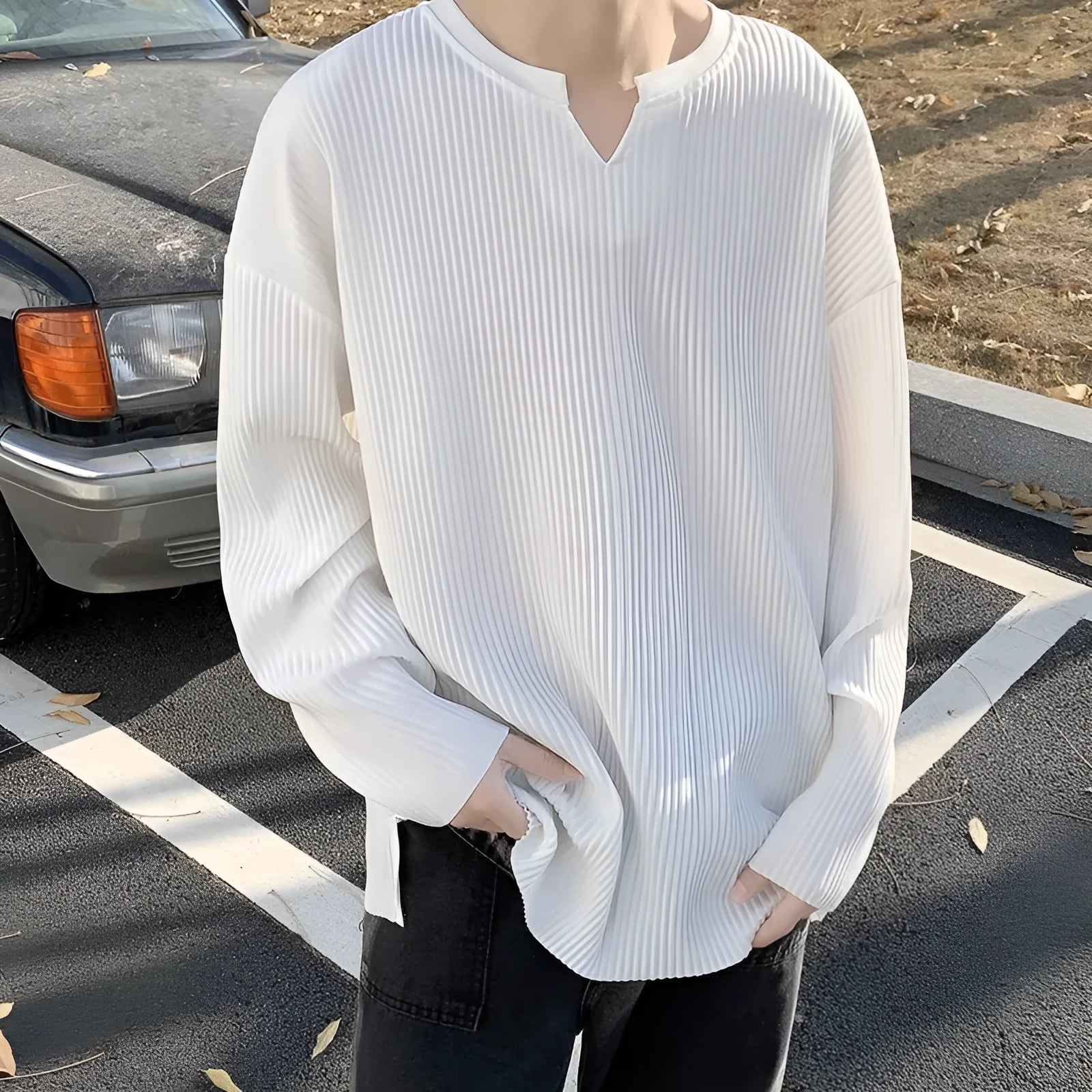 Loose fit long sleeve women's pullover with striped texture in grey
