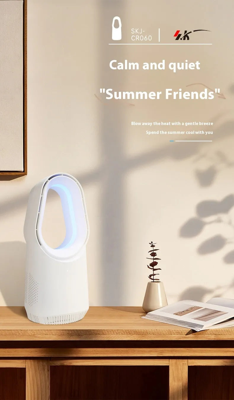 White bladeless tower fan with a slim design standing on a floor, showing a touch screen panel.