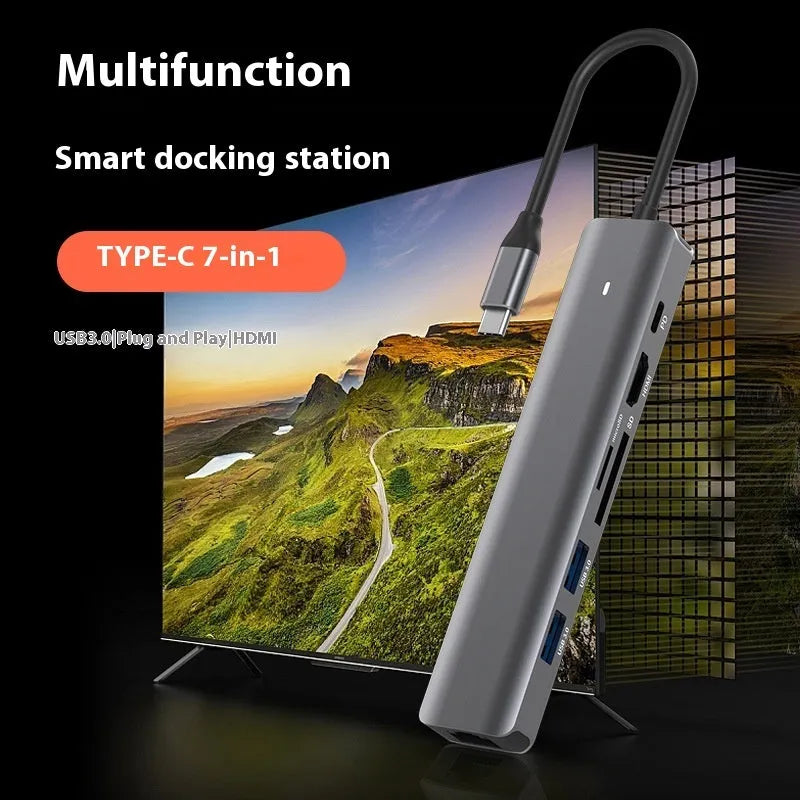 LQT-LH07 7-in-1 USB-C computer hub with card reader slots and HDMI port