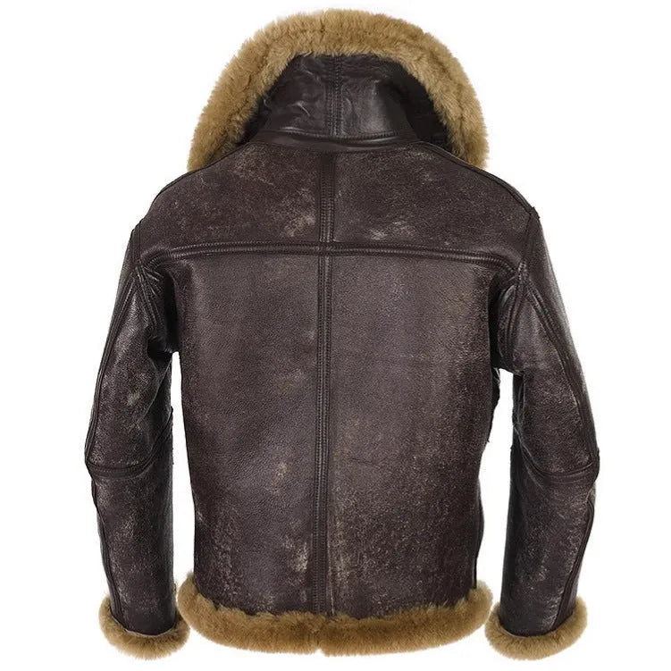Men's brown synthetic leather fur coat with straight hem and side pockets