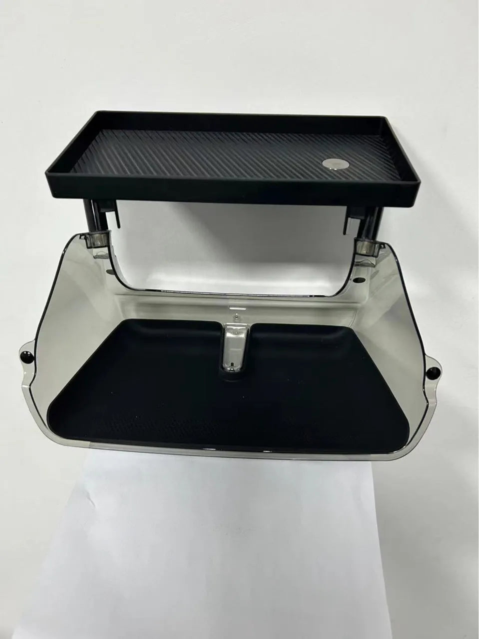White ABS storage box for Tesla Model 3 and Y centre console, shown with napkin box inside.
