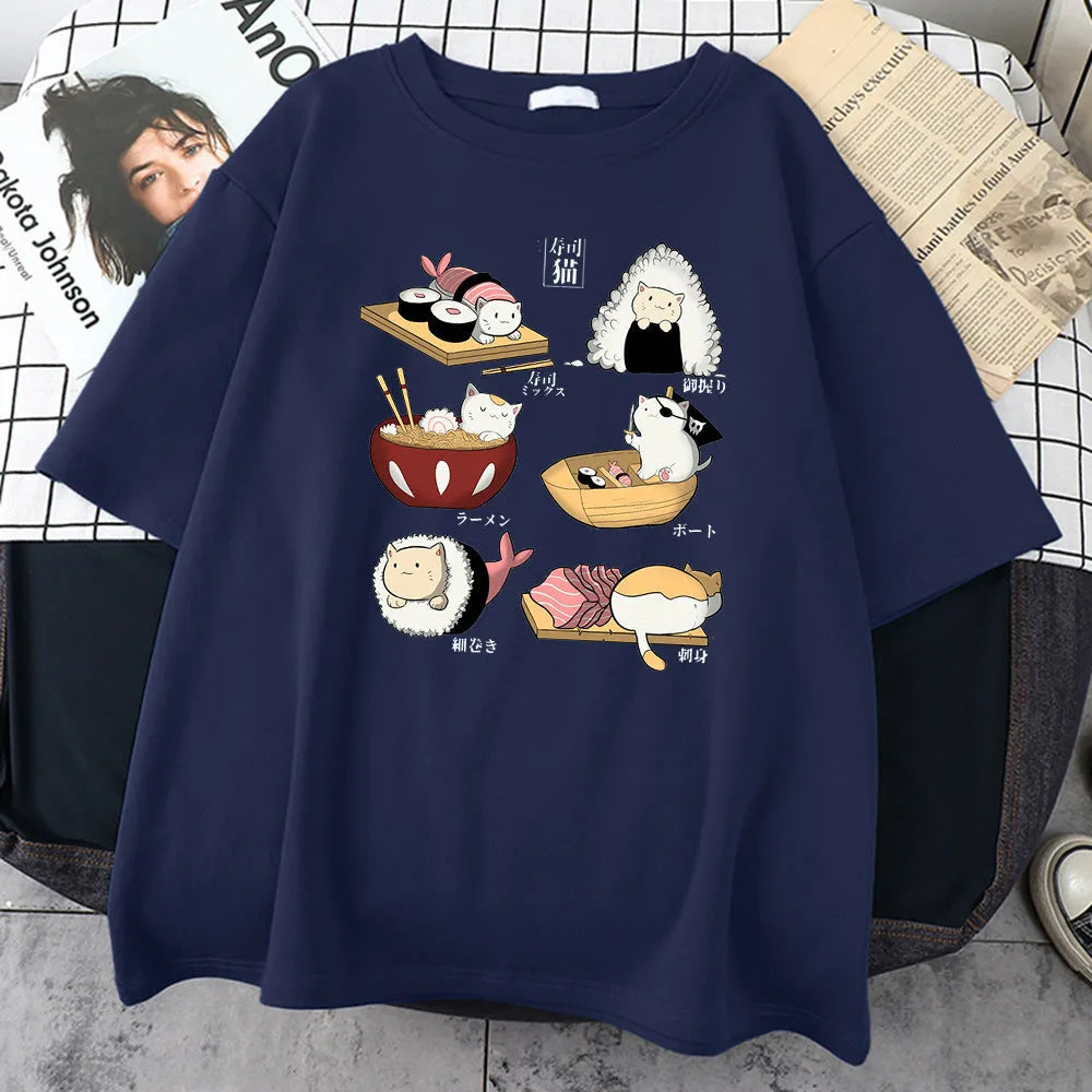Men's black cotton T-shirt featuring a cute cartoon cat sushi design on the front.