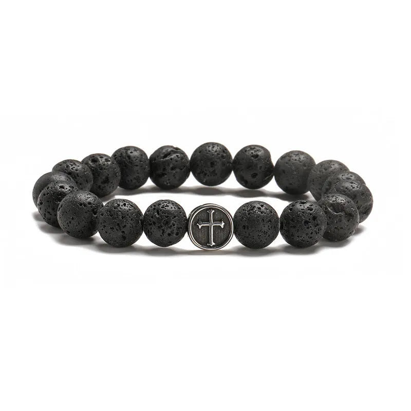 Geometric agate bracelet in volcanic rock colour with stainless steel finish, 10mm beads