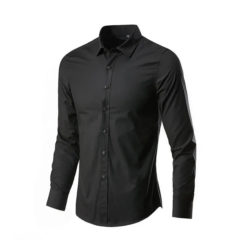 Man wearing a long-sleeve linen shirt in a slim loose fit, available in multiple colours.