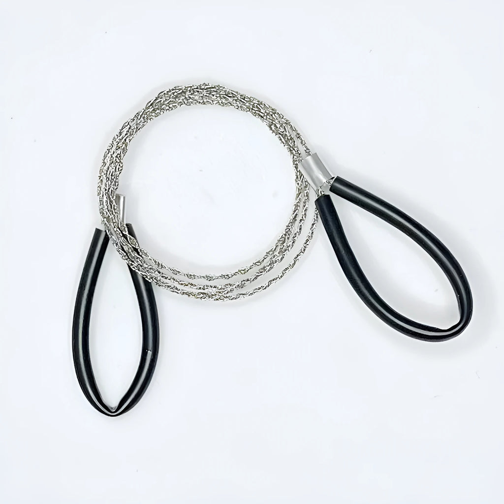 German stainless steel survival wire saw with leather hand case, showing black and red colour options.