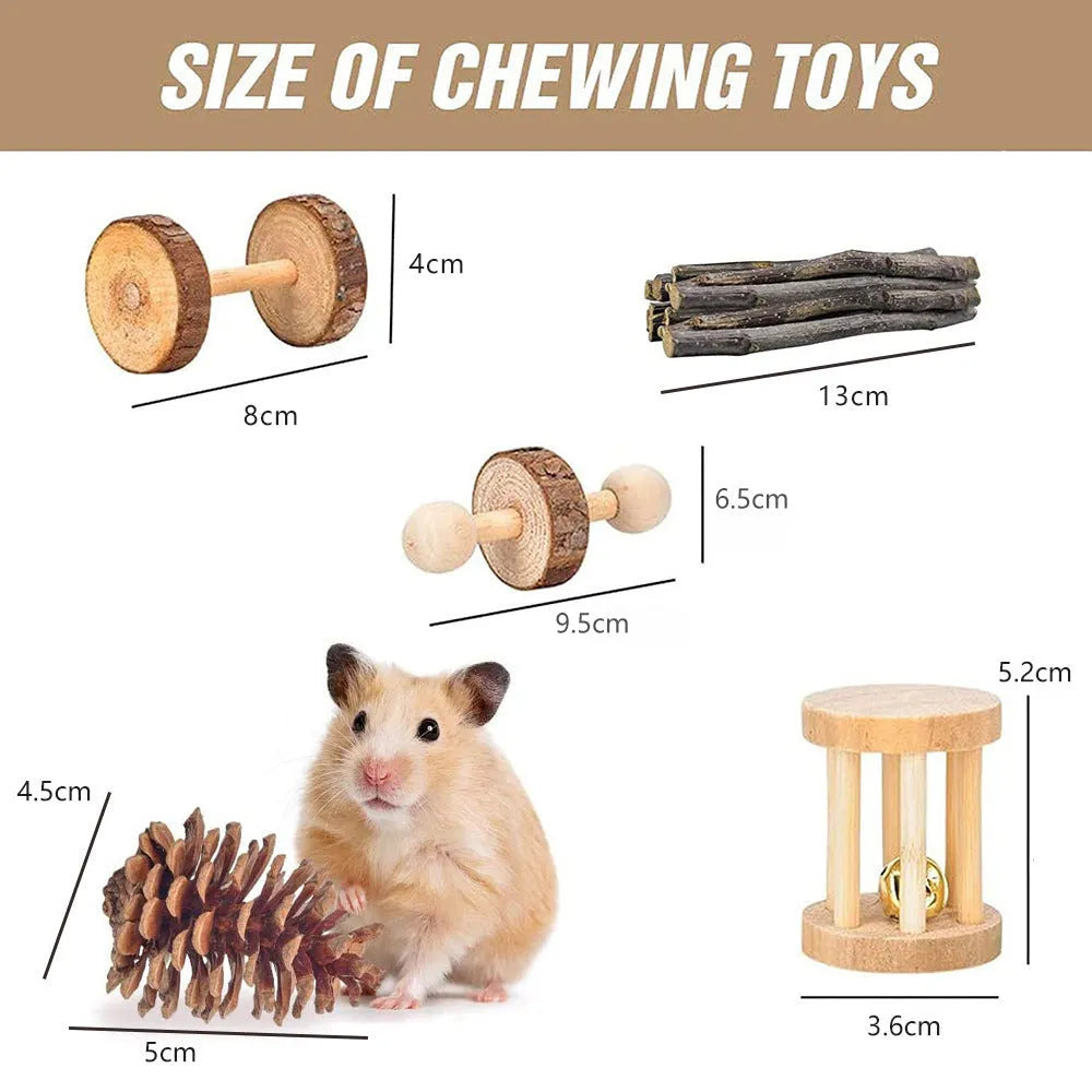 Assortment of natural wooden pet toys including straw mattresses, woven balls, and chew balls for small animals.