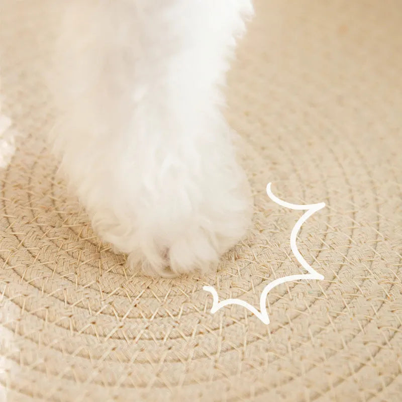 Green oval cat scratcher pad and bed made from sisal, measuring 65cm long.
