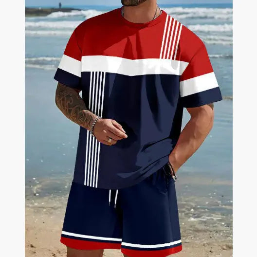 Men's loose fit short-sleeved polyester T-shirt and matching shorts set in a light colour.