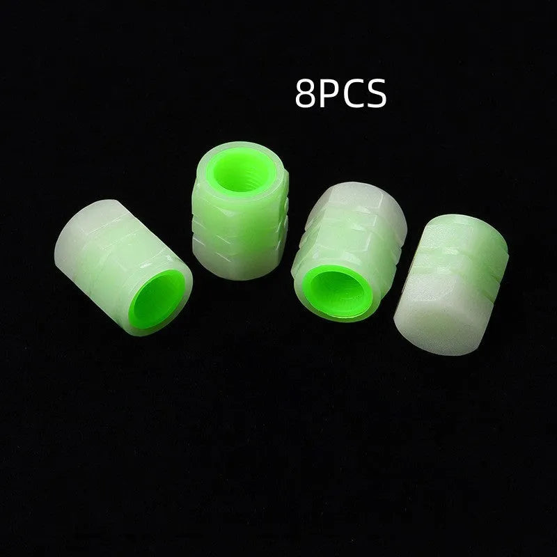 Rubber luminous valve caps for car tyres in 4 or 8 piece sets, 16mm by 12mm size