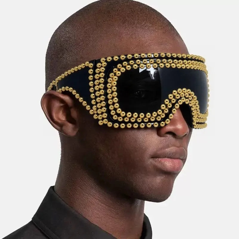 Men's large rim punk sunglasses with square rivet details in silver colour