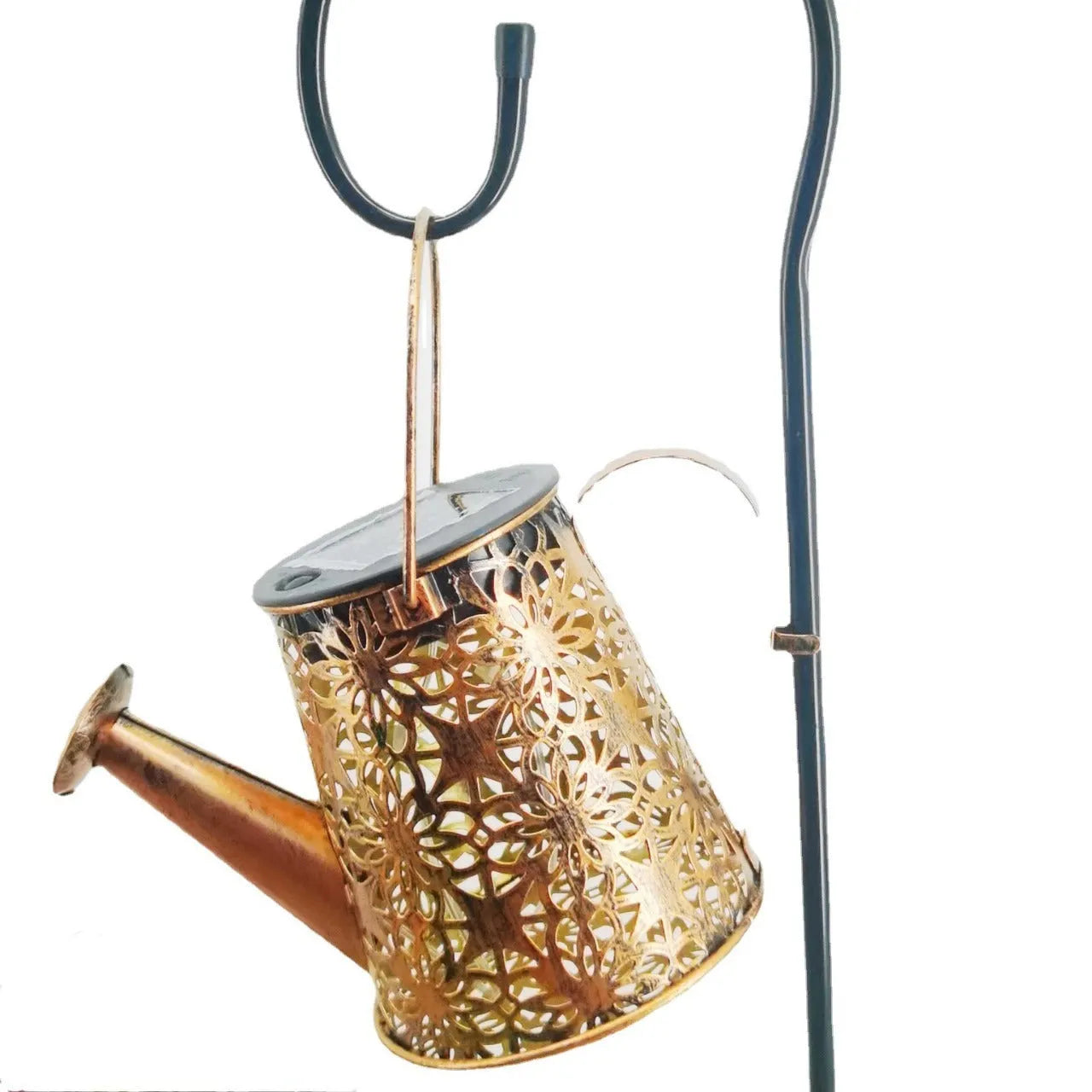 Solar-powered wrought iron kettle light with butterfly design for outdoor courtyard decoration