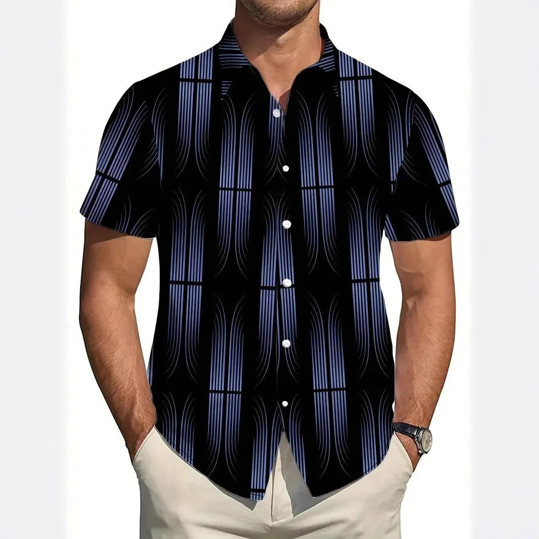 Men's geometric line lapel printing short sleeve shirt in slim fit summer styling