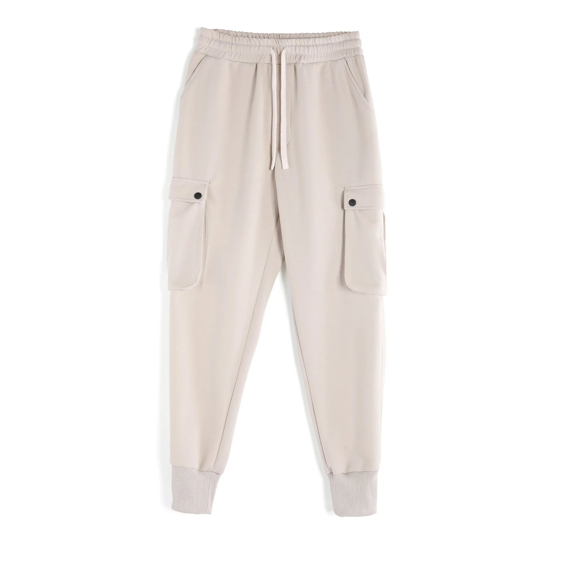 Men's loose fit multi-pocket cotton trousers with ankle ties in apricot colour
