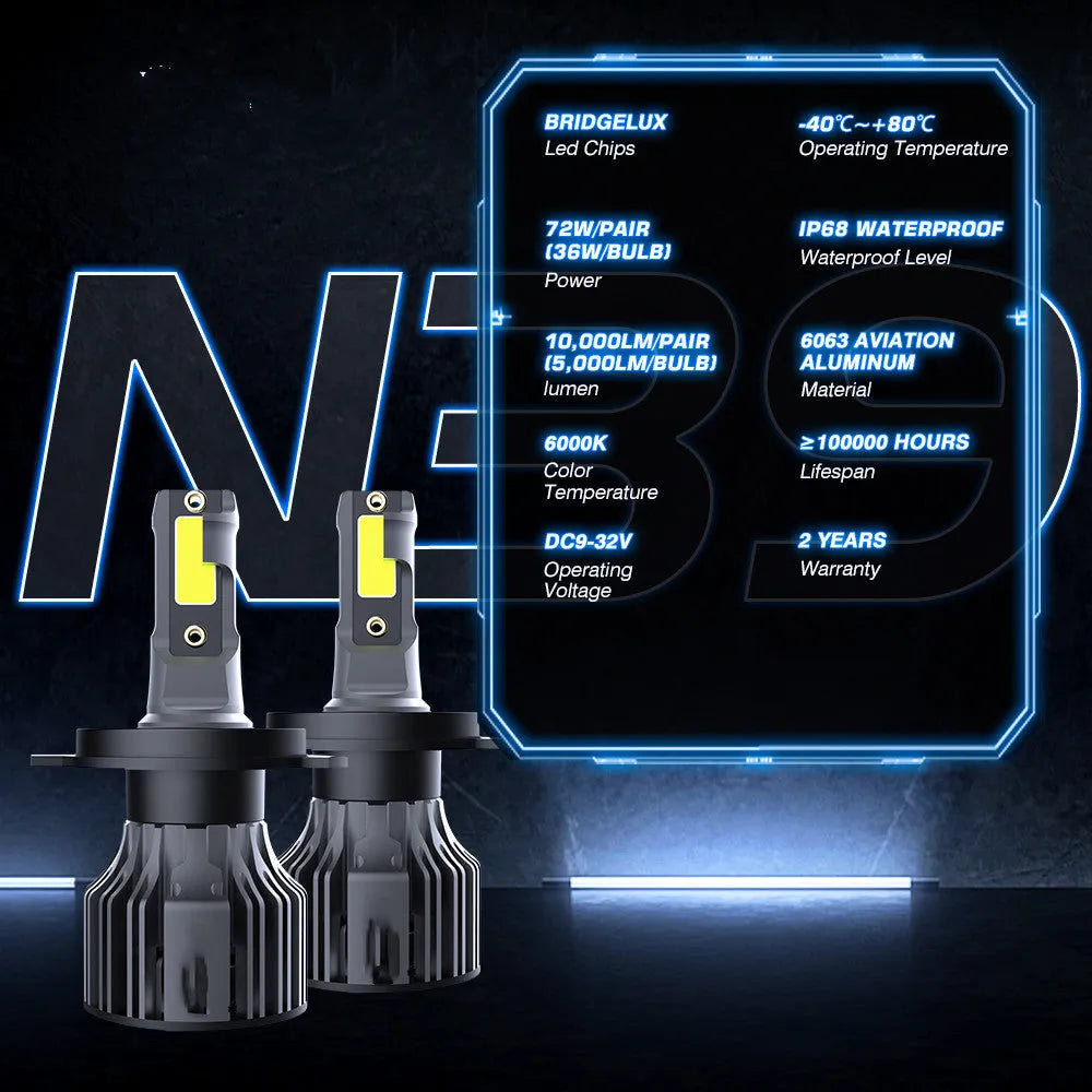 Car LED headlight bulb kit showing 6000K white light, 72W power rating, and compatible model numbers like H7 and 9005.