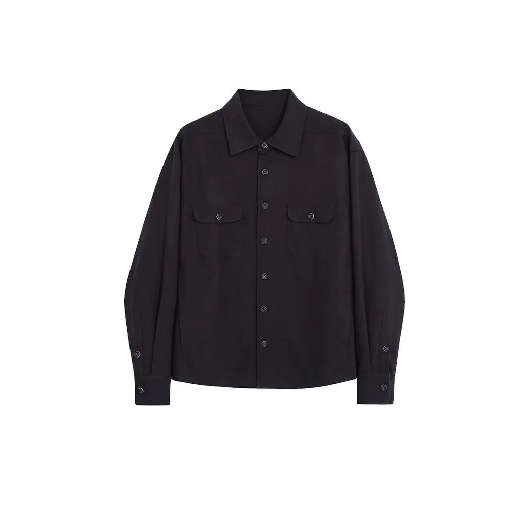 Men's lapel collar casual shirt in chemical fibre blend fabric showing simple profile design