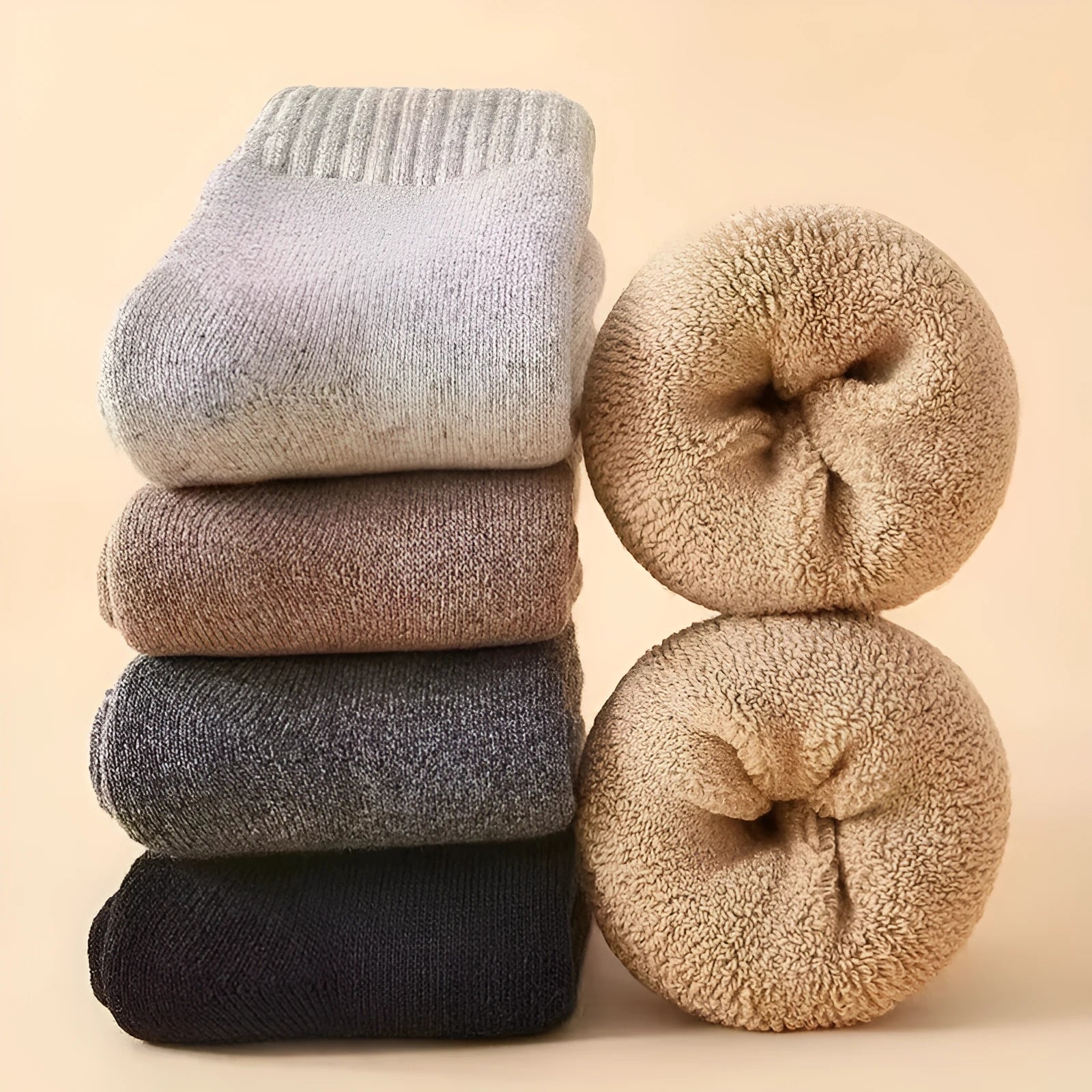 Winter wool socks with thick Merino midsole in black, grey, and khaki solid colours