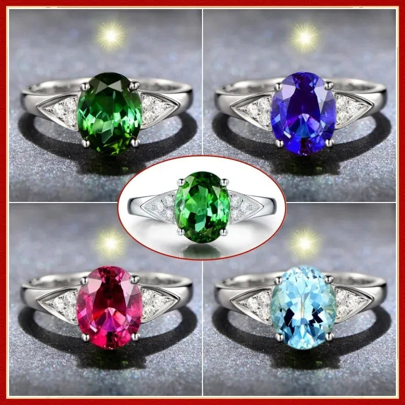 Women's natural zircon ring with heart, water drop, or bell patterns in blue, green, light blue, or red colours