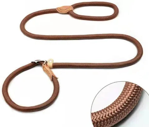 Brown nylon dog leash with hand holding rope, length 2.1 metres