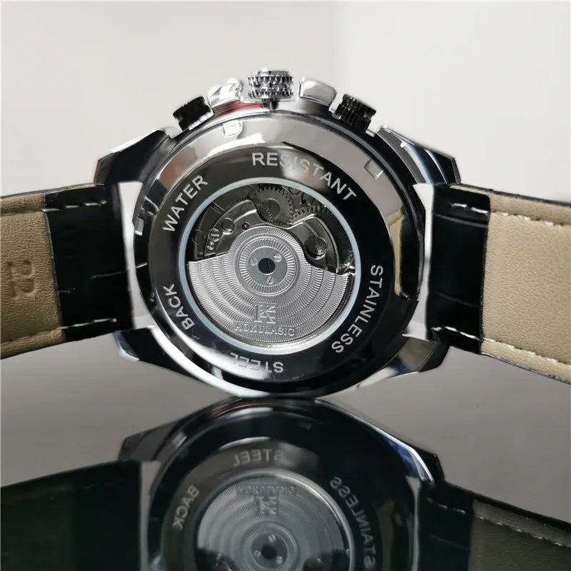 Men's automatic mechanical watch showing 12mm thickness and various colour options including silver case and black dial