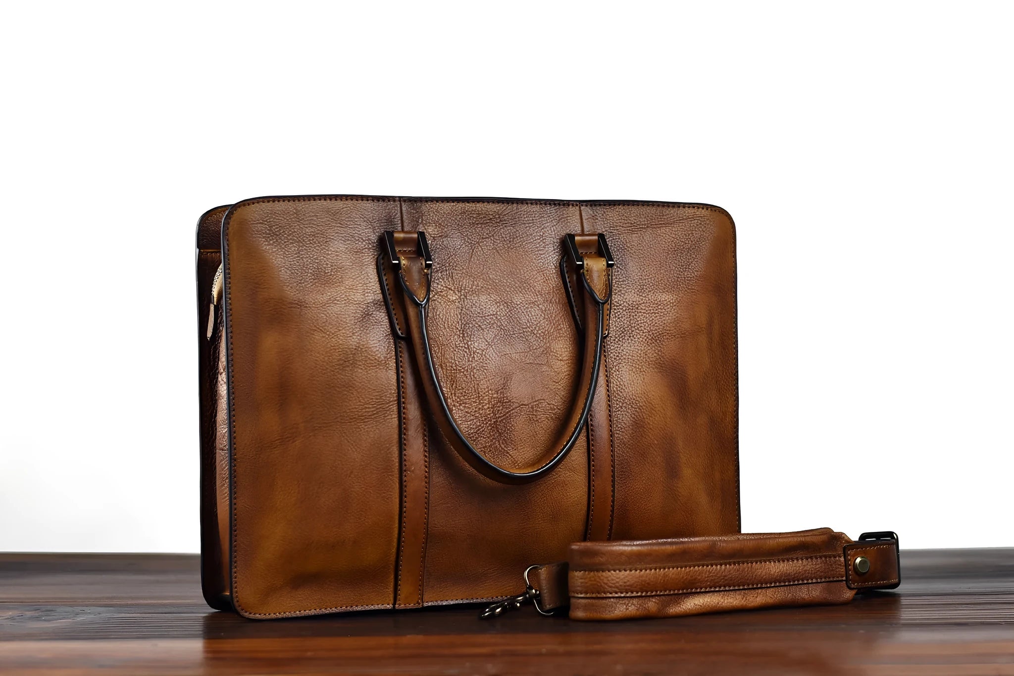 Men's 14-inch horizontal leather handbag in khaki or black with zipper closure