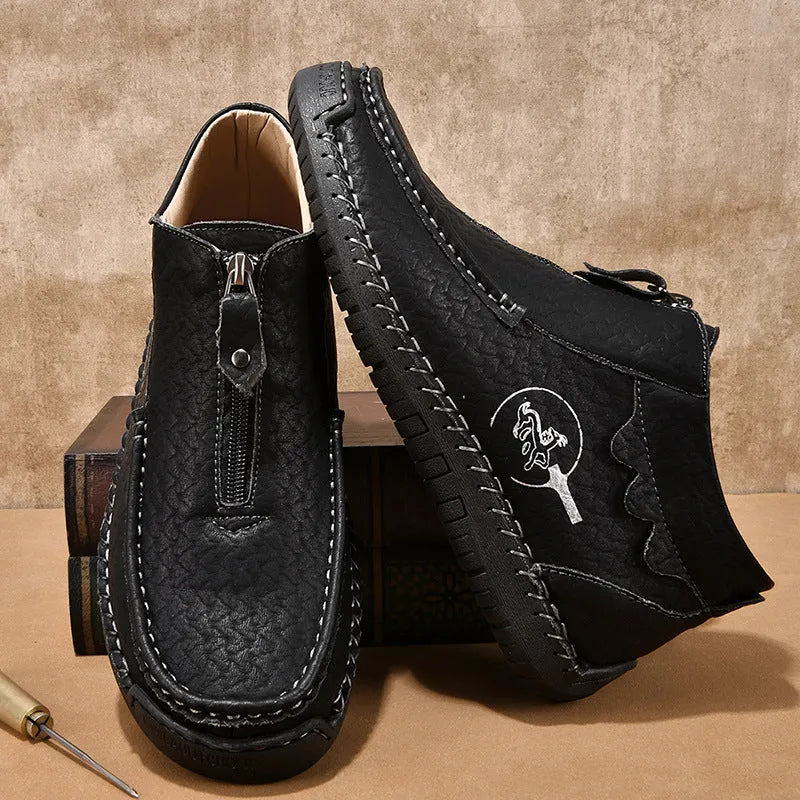 Men's solid colour slip-on loafers with round toe and rubber sole, shown in black, brown, and grey.
