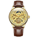 Gold leather strap automatic mechanical watch for men on wrist