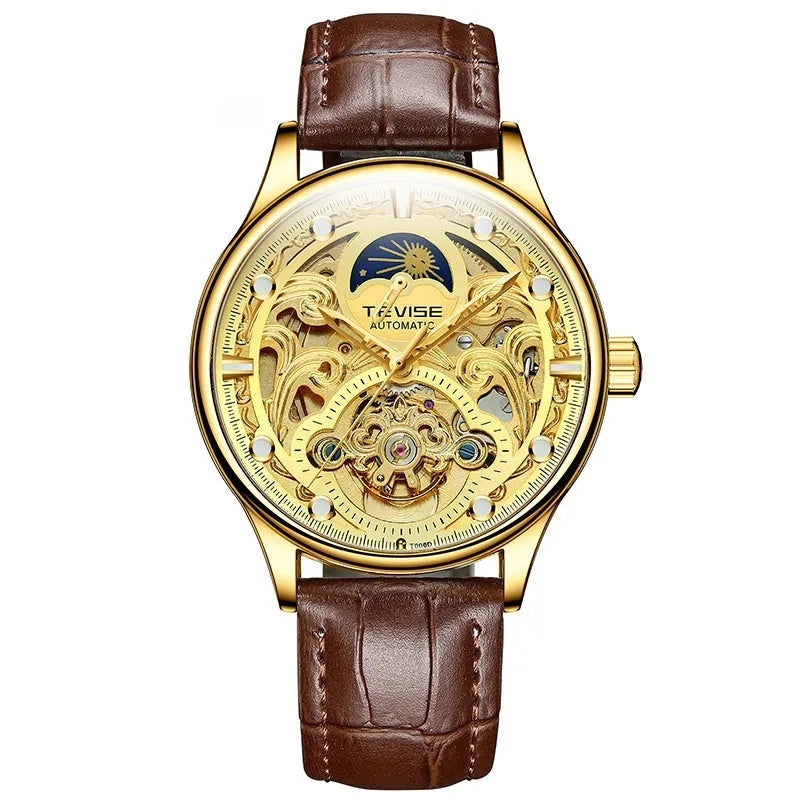 Gold leather strap automatic mechanical watch for men on wrist
