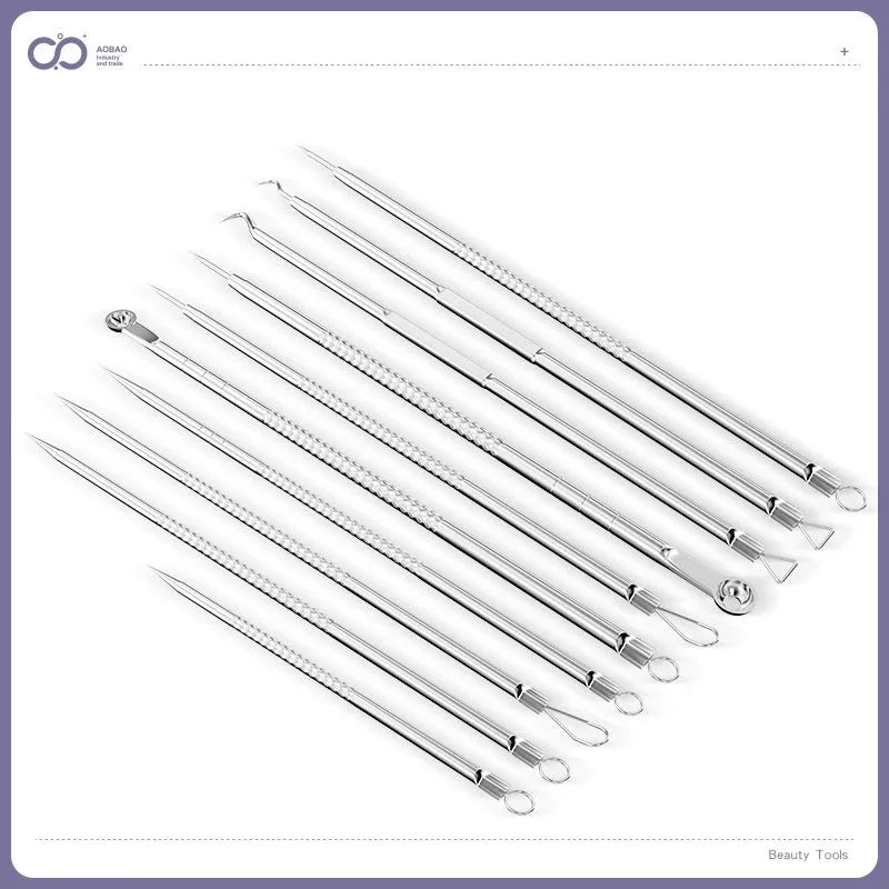 4-piece metal acne needle set with ultra fine pointed tips on silver background