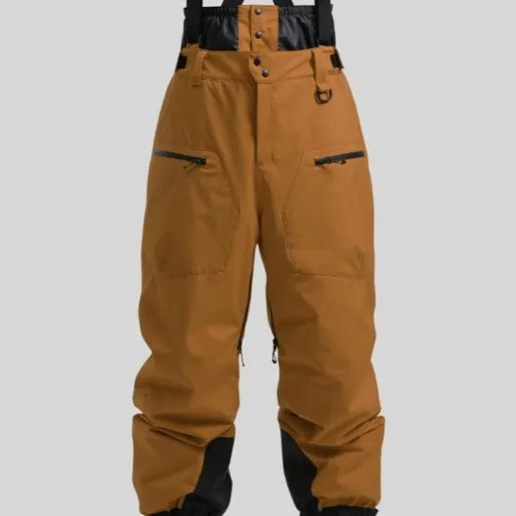 Men's black waterproof ski pants with an adjustable strap waistband and thickened linen fabric.