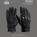 Men's black tactical gloves with touch screen fingertips on a hand holding a smartphone