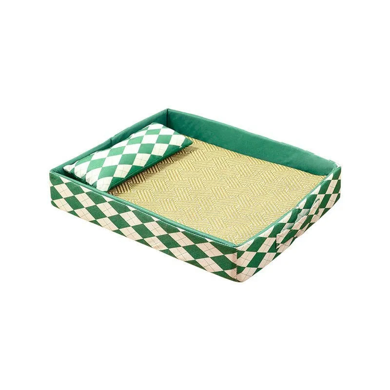 Blue rattan cat litter mat measuring 70x50cm serving as washable pet bed