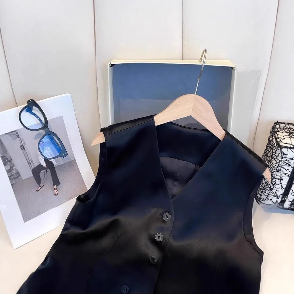 Black satin ladies sleeveless vest with loose fit and normal length for casual all-matching outfits