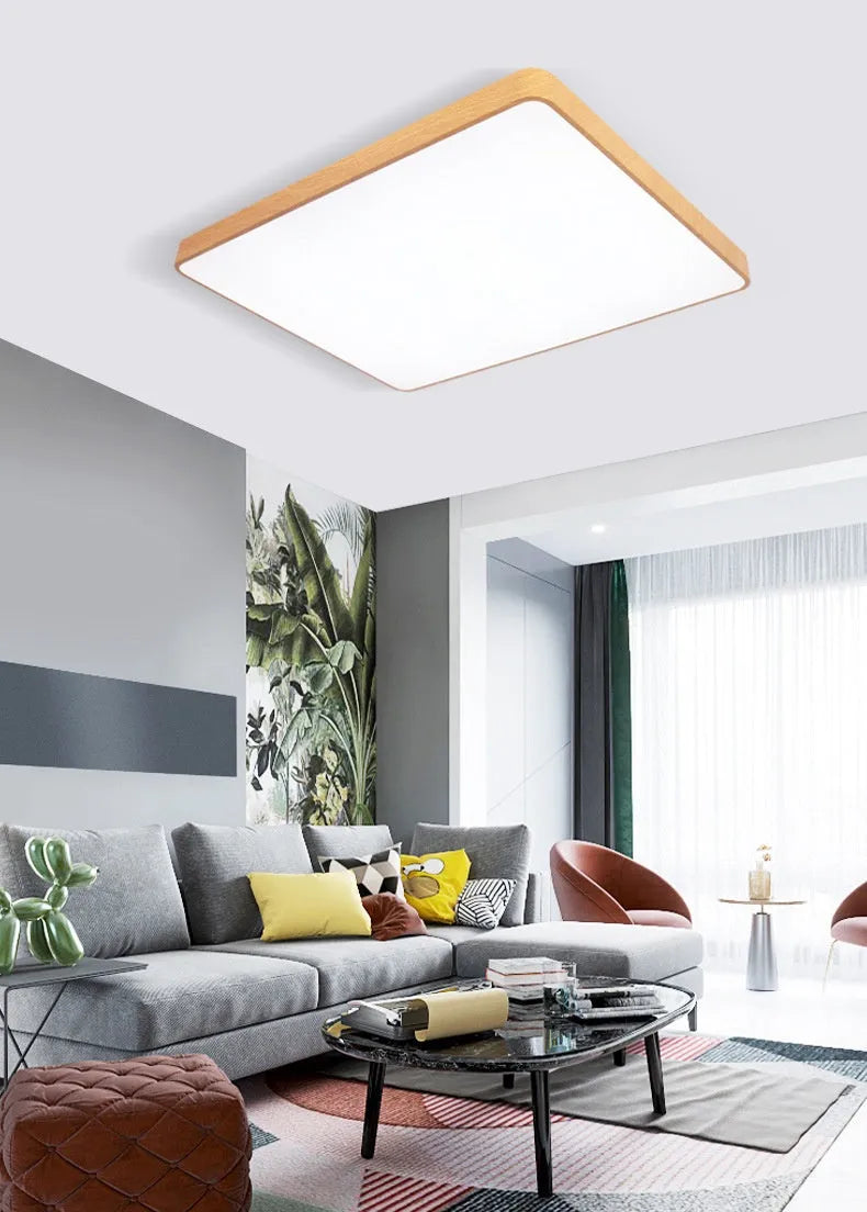Nordic LED wood grain finish wall light in square format with iron art construction
