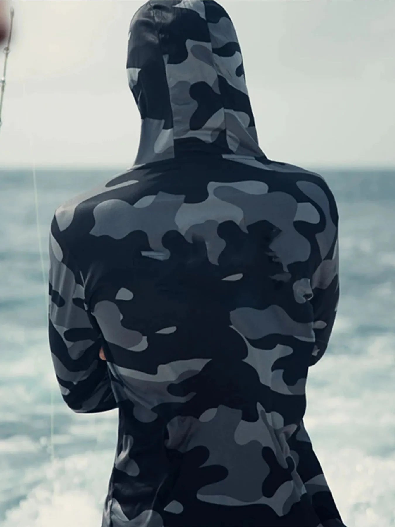 Men's long sleeve fishing hoodie with face mask neck cover in breathable UPF 50 sun protection fabric for sailing and hunting.