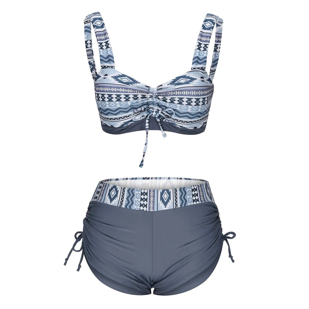 Women's split bikini swimsuit without underwire, shown in available colours.