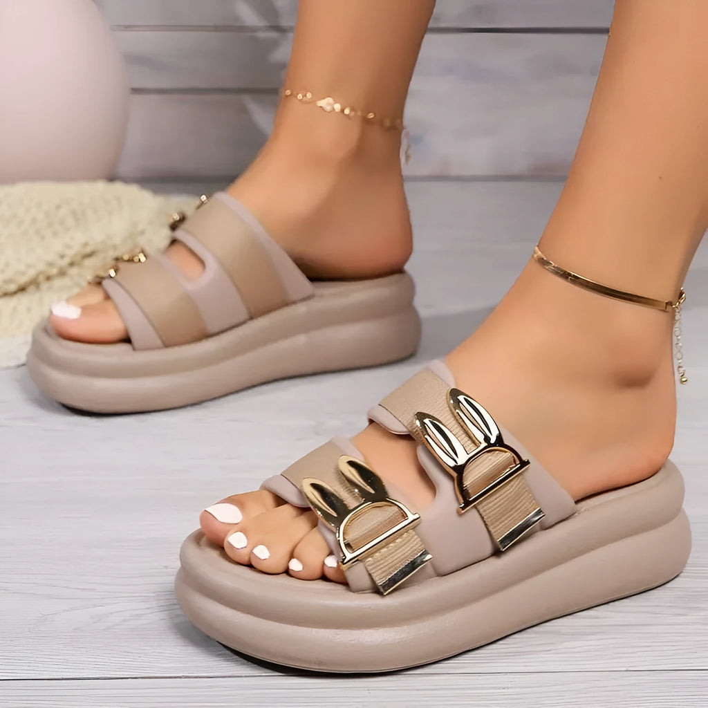 Women's soft bottom slippers with suede upper and thick rubber sole in apricot colour